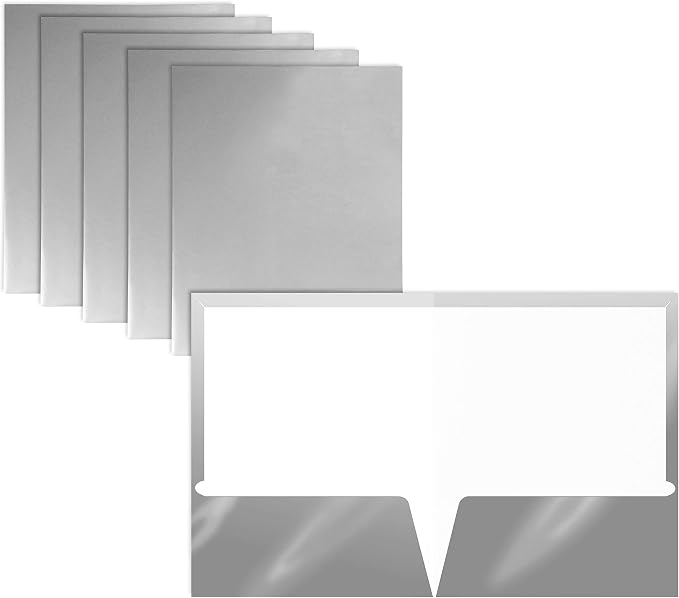 Better Office Products 2 Pocket Glossy Laminated Metallic Silver Paper Folders by BetterOfficeProducts