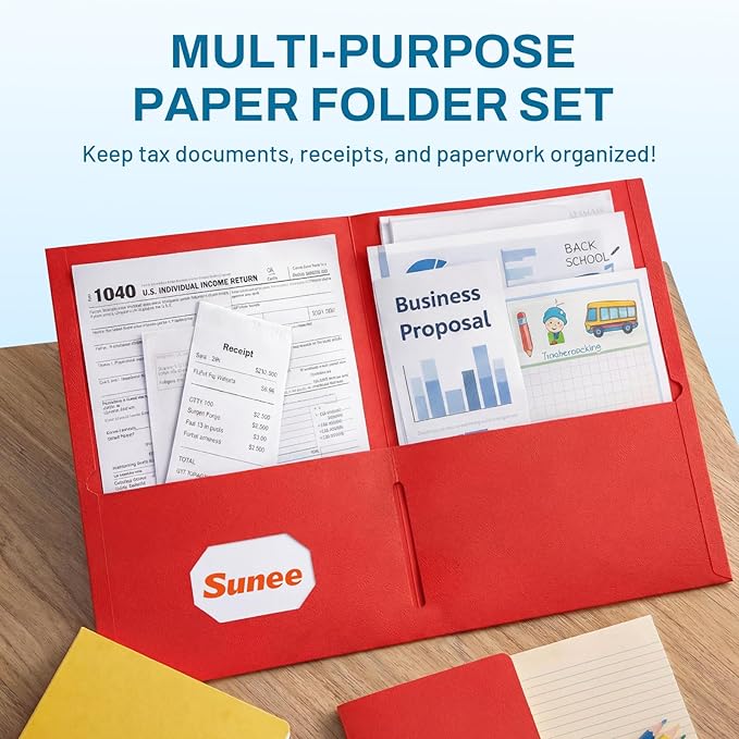 SUNEE Folders with Pockets, 2 Pocket Folders Fit Letter Size Paper, Paper File - Image 2