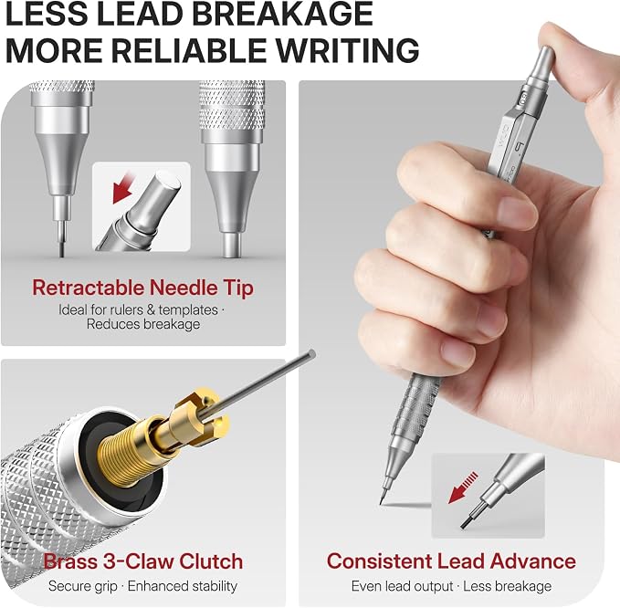 WUO 0.9mm Mechanical Pencil Set, 3 Metal Drafting Pencils - Image 3