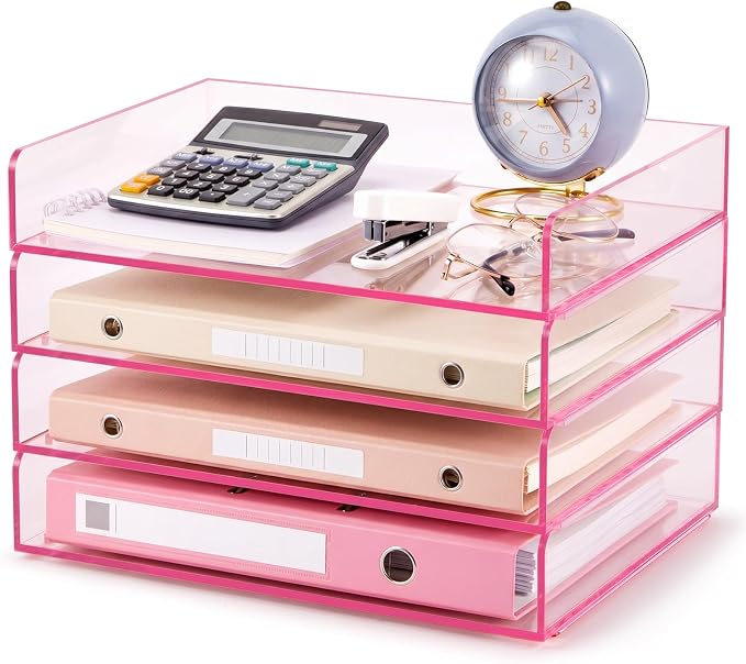 Harloon 4 Tier Clear Hot Pink Acrylic Paper Organizer Letter Tray, Aesthetic by Muasung