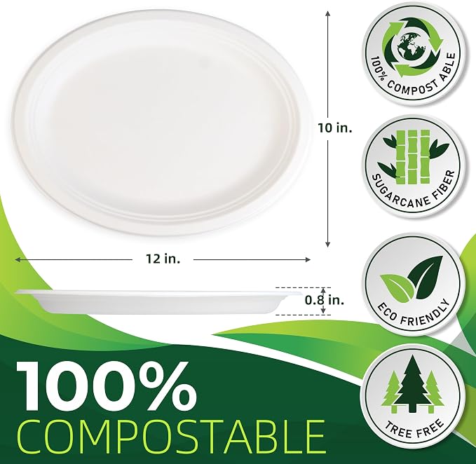 100PCS 100% Compostable White Oval Paper Plates, Heavy Duty Disposable Plates - Image 2