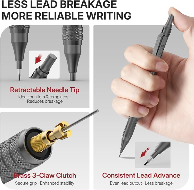 WUO 0.5mm Mechanical Pencil Set, 3 Grey Metal Drafting Pencils - Image 3