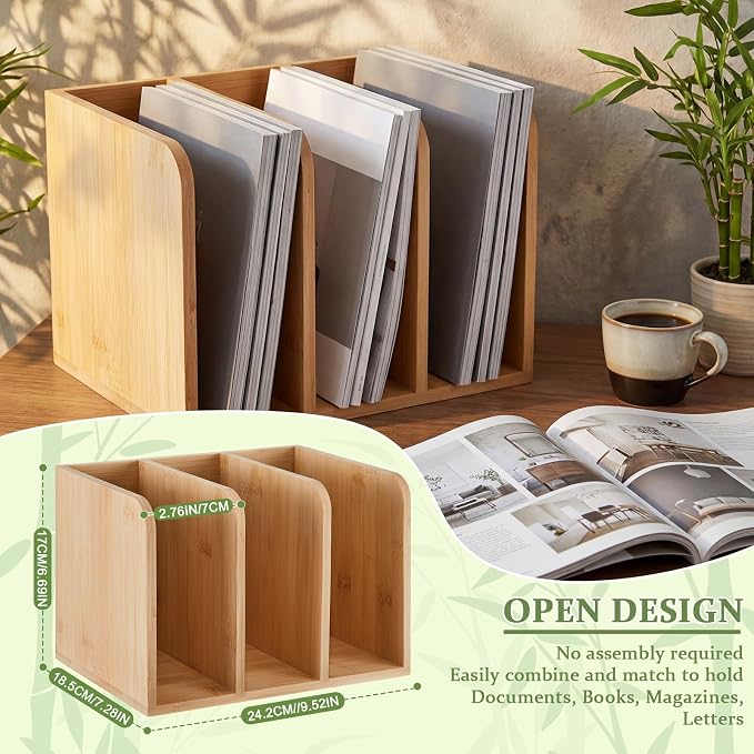 Novabright Bamboo Wooden File Magazine Holder Desk Organizer, 3 Vertical - Image 2
