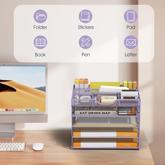 5 Tier Paper Letter Tray with 3 Drop-in Pen Holders, Mesh Desk File Organizer - Image 7