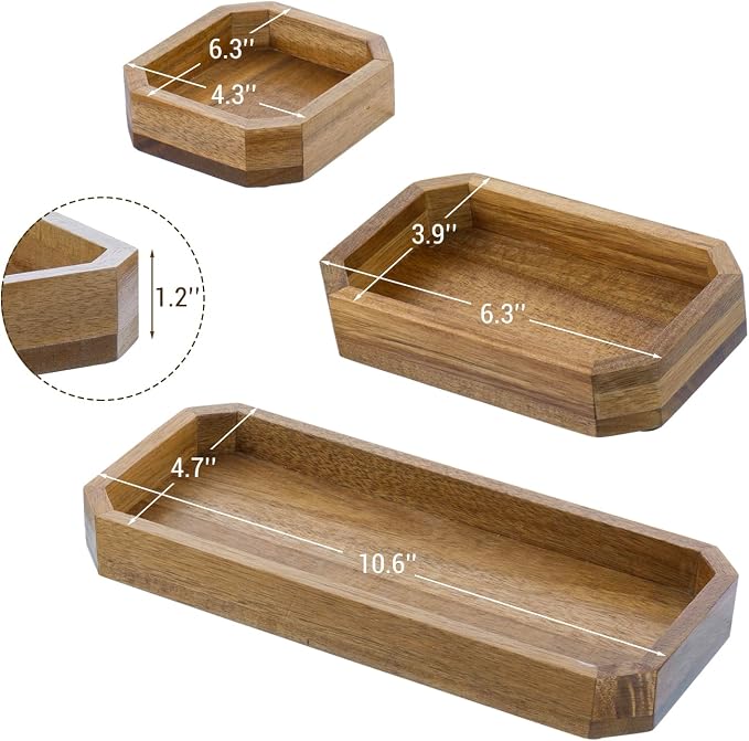 MyGift Premium Solid Acacia Wood Octagonal Desk Organizer Trays Office - Image 5