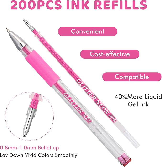 200 Colors Gel Pen Refills, Glitter Neon Gel Ink Pens Refills, Replace - Image 3