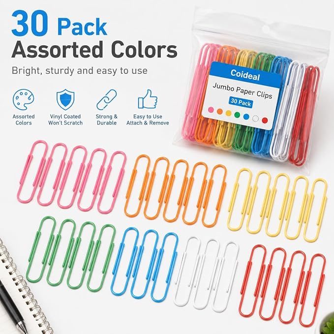Coideal Jumbo Paper Clips 4 Inch, 30 Pack Extra Large Colored Paperclips - Image 6