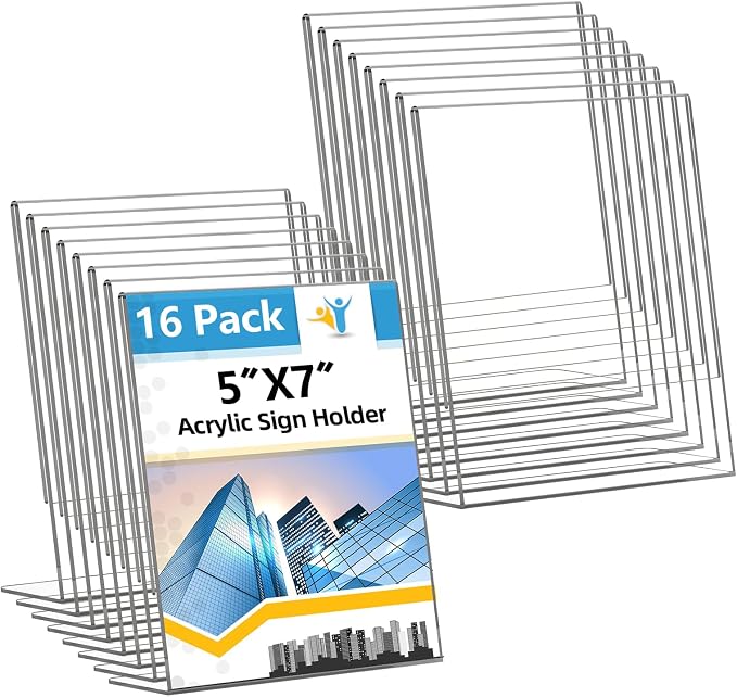 Acrylic Sign Holder 5x7 Inches, 16 Pack Clear Plastic Table Paper Display Stand by Unknown