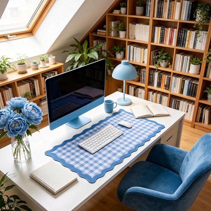 yuboo 31"×15.7" Scalloped Blue White Gingham Waterproof Pastel Desk Mat Vintage - Image 6