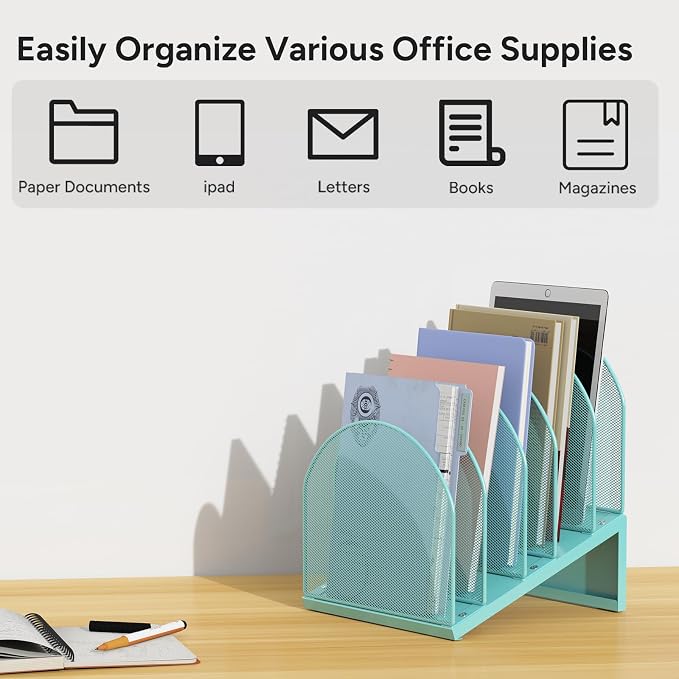 5-Section Desk File Organizer, Metal Mesh Folder Organizer - Image 7