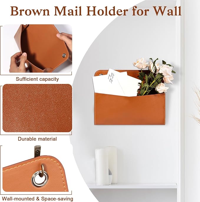 Wall Mount Brown PU Leather Letter Holder 9.8" x 7.7" x 1.4" Mail Holder - Image 3