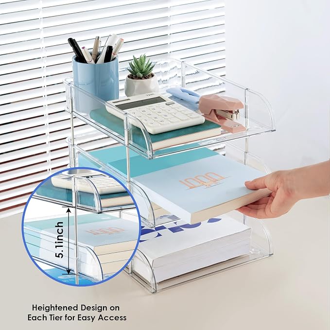 Desk Organizers and Storage, 3 Tier Clear Heightened Stackable Paper Tray - Image 2