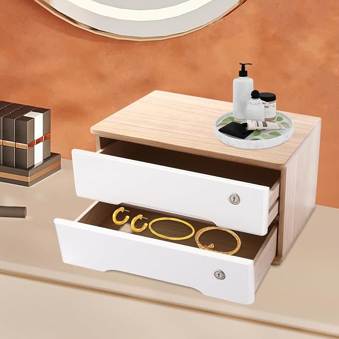 Lockable Desk Organizer Wooden Desktop Drawers Office Flat Files Storage Box - Image 2