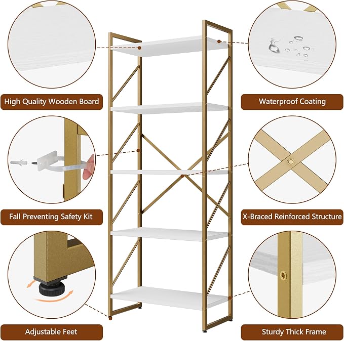 Shintenchi 2 Pieces 5 Tiers Bookshelf, Classically Tall Bookcase Shelf - Image 5