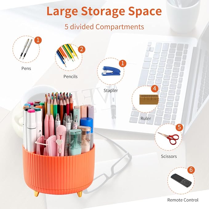 Desk Pencil Pen Holder, 5 Slots 360°Degree Rotating Pen Organizers - Image 3