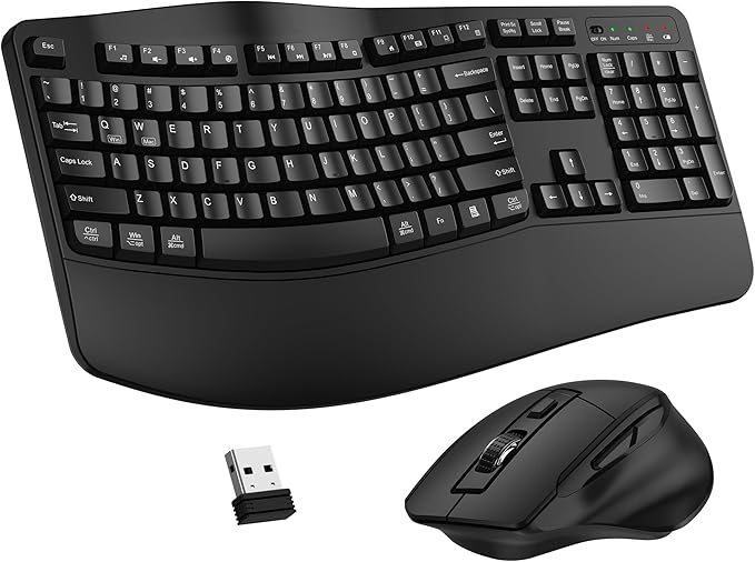 Wireless Keyboard and Mouse Combo, 2.4G Full Size Wave Keys Ergonomic Keyboard by Unknown