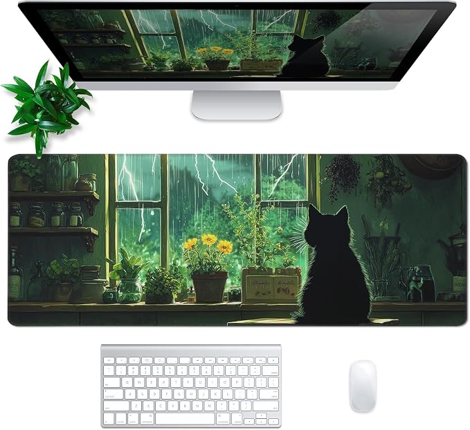 Green Black Cat Mouse Pad Abstract Green Mouse Pad 31.5x11.8 Inch Cat Texture - Image 2