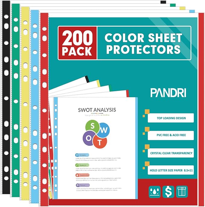 Sheet Protectors, PANDRI 200 Pack Color Heavy Duty Plastic Page Protectors by PANDRI