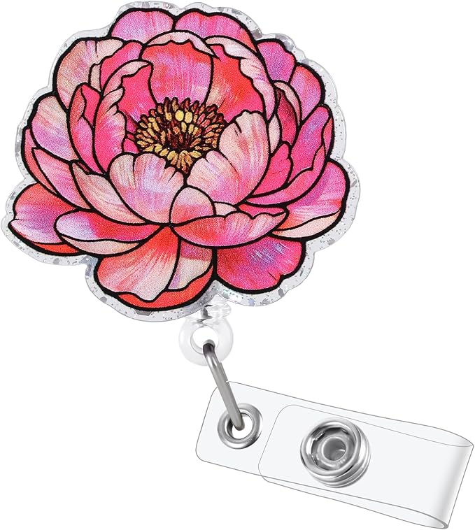 Pink Peony Floral Funny Nurse Badge Reel, Cute Elegant Flower Design by LINAYOHA