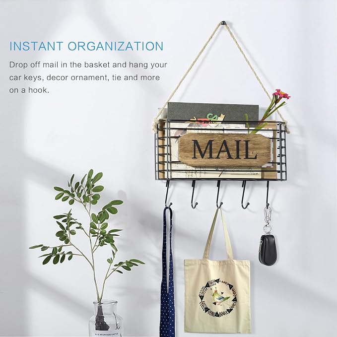 SRIWATANA Mail Organizer Wall Mount, Rustic Mail Holder Key Holder - Image 4