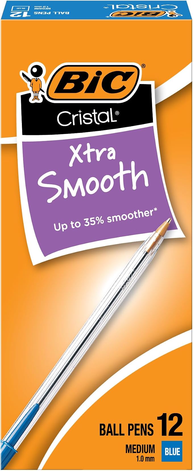BIC Cristal Xtra Smooth Blue Ballpoint Pens, Medium Point, 12-Count Pack by BIC