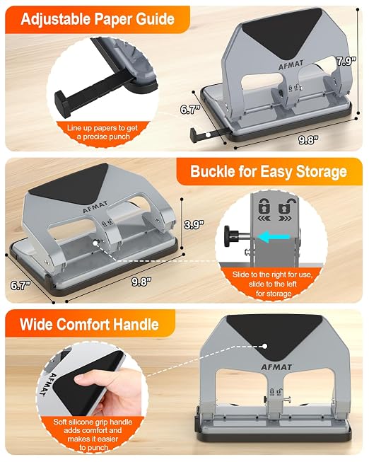 AFMAT 3 Hole Punch Heavy Duty, 50-Sheet Three Hole Punch, 50% Reduced Effort - Image 5