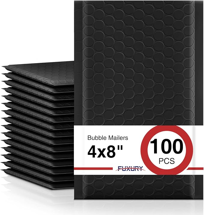 Fuxury Black Bubble Mailers 4x8" 100 Pack Waterproof Padded Envelopes Usable by Fuxury