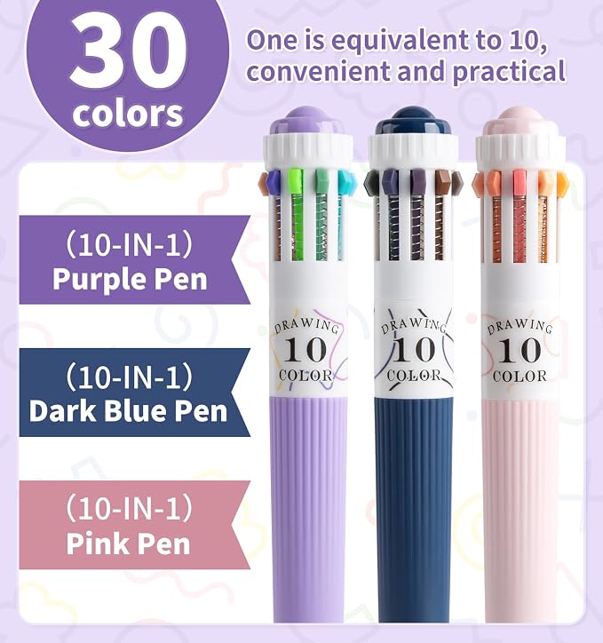 3 Pack Multicolor Pens, 10-in-1 Colored Ballpoint Pen, 28 Colors, 0.8mm Fine - Image 3