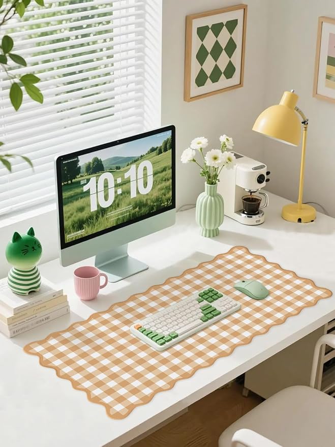 Scalloped‌ Orange Checkered Gingham Desk Mat Cute Pastel Large Mouse Pad Kawaii - Image 2