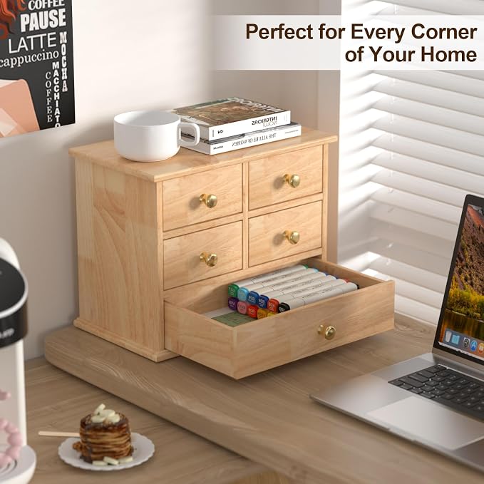 Oak Desk Organizer with Drawers, Wooden Desktop Storage Box with Metal Handles - Image 4