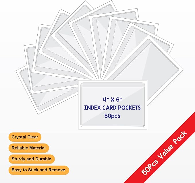 IMAGAME Clear Adhesive 4" x 6" Index Card Pockets, Labels Holders, 50 Pack | - Image 2