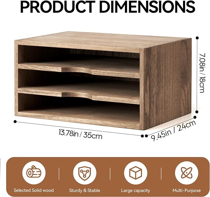 KIRIGEN Wooden Desktop Organizer, 3 Tier Solid Wood Letter Tray and Paper File - Image 3