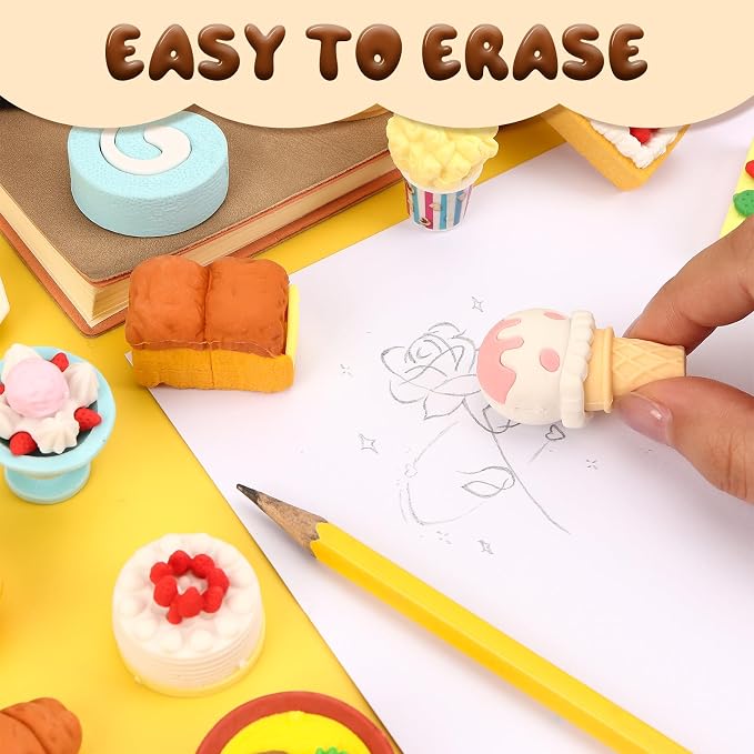 24 Pcs Mini Food Erasers, 3D Fruit Cake Dessert Pencil Erasers, Take Apart - Image 6