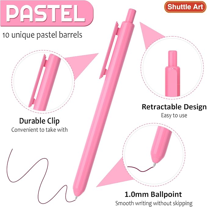 Shuttle Art Ballpoint Pens, 10 Pack Pastel Retractable Colored Ink Ball Point - Image 3