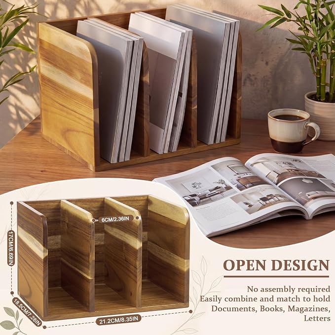 Novabright Acacia Wood File Magazine Holder Desk Organizer, 3 Vertical - Image 2