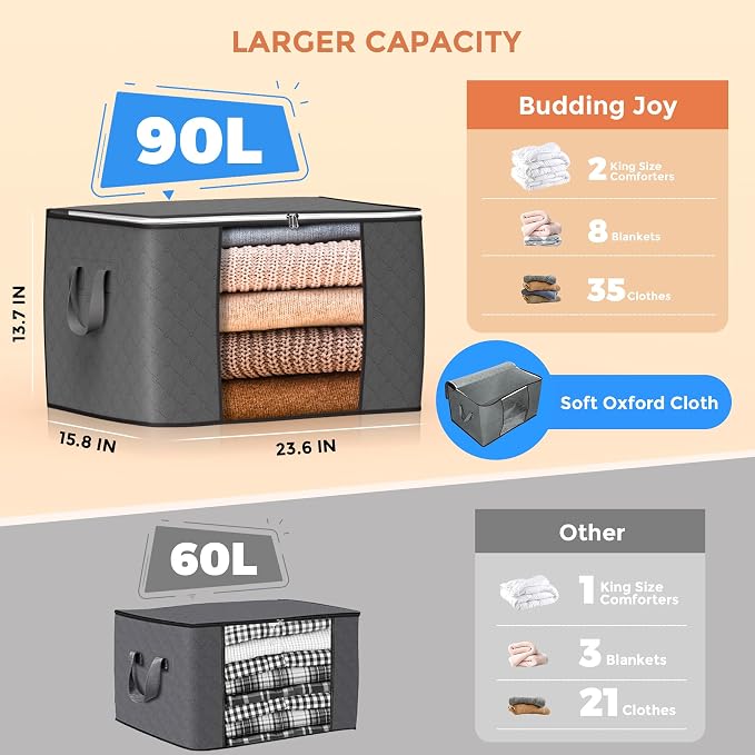 90L Large Storage Bags, 6 Pack Clothes Storage Bins Foldable Closet Organizers - Image 2