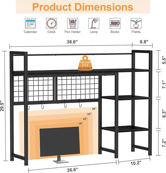 Snughome Desk Shelf, 38.6" Desktop Organizer Shelf, Desk Hutch - Image 3