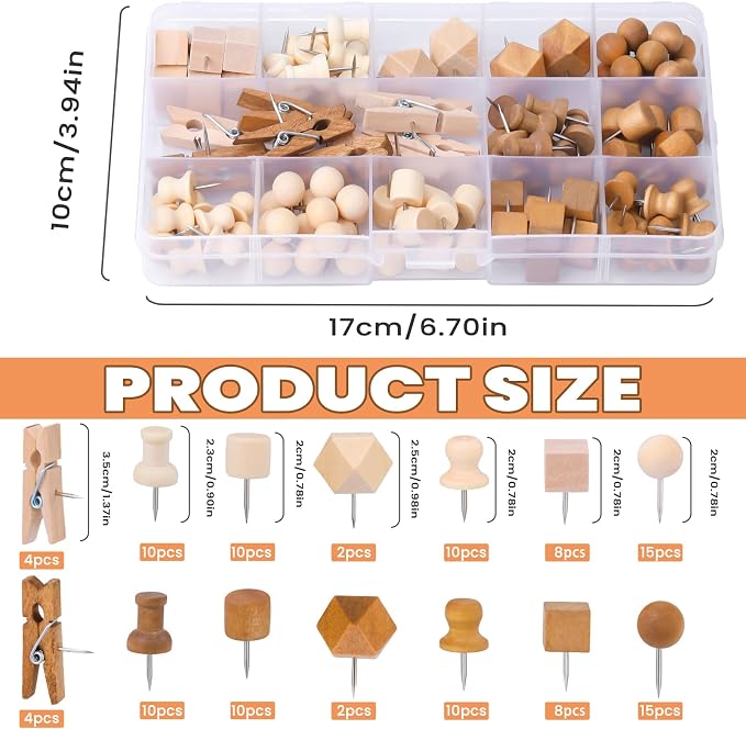 TLKKUE 118 Pieces Wooden Push Pins, 7 Style Wood Push Pins Decorative Thumb - Image 2