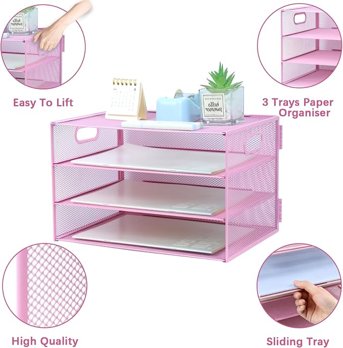 3 Tier Lettrer Tray Organizer, Metal Mesh Desk File Organizer - Image 3