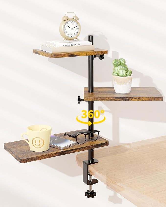 3 Tiers Clamp On Desk Shelf, 360° Angle Adjustable Desktop Shelf Organizer - Image 3