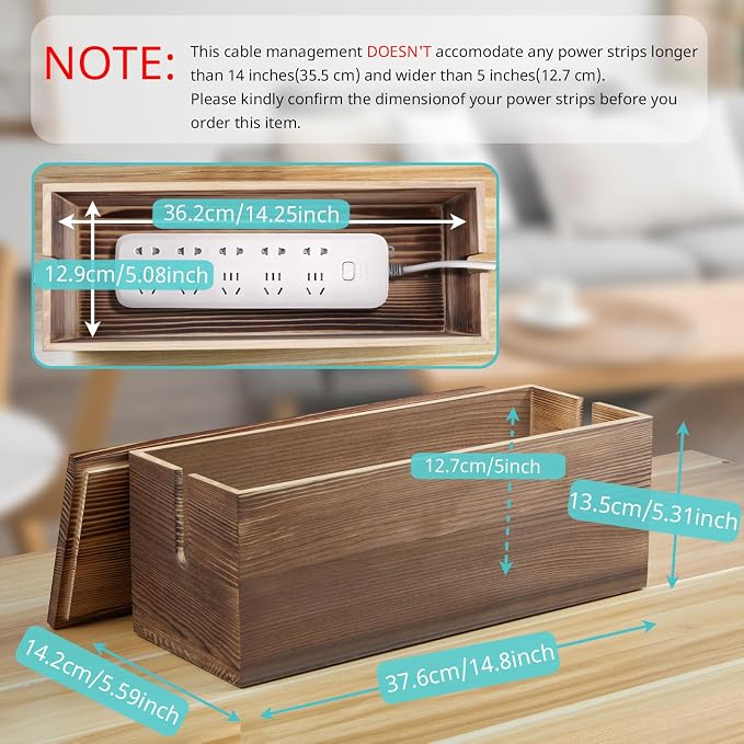 Large Cable Management Box, Burnt Wood Cord Organizer Box - Image 2
