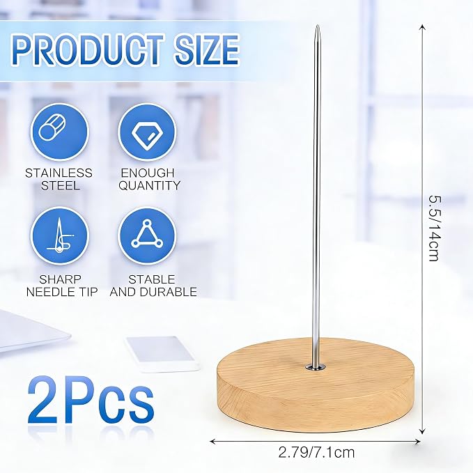 2Pcs Desk Receipt Holder, Bill Fork Receipt Spike, Heavy-Duty Wooden Base - Image 2
