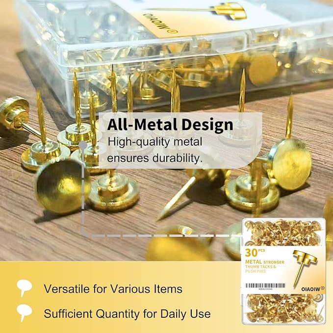 30 PCS Metal Gold Push Pins for Wall Clear Thumb Tacks for Walls Flat - Image 3