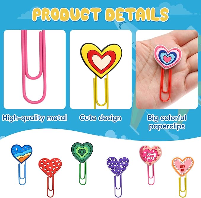 30 PCS Heart Paper Clips Metal Paperclip Large Size Paper Clip Cute Bookmark - Image 3