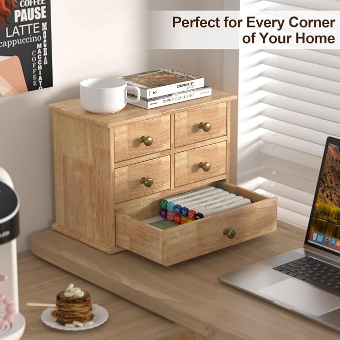 Oak Desk Organizer with Drawers, Wooden Desktop Storage Box with Metal Handles - Image 4
