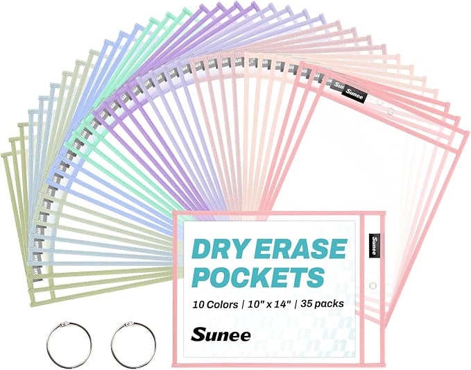SUNEE 35 Packs Oversized Reusable Dry Erase Pocket Sleeves by SUNEE