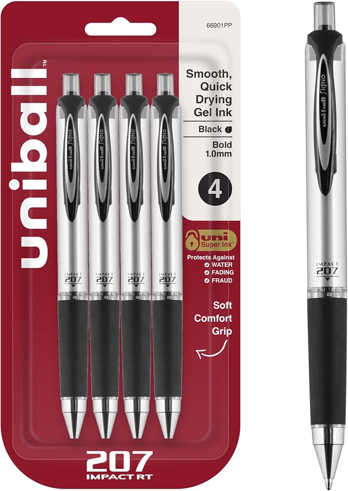 uniball 207 Impact RT Gel Pens, Bold Point, 4 Pack by uni-ball