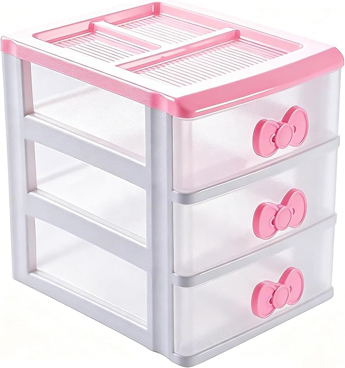 3 Drawers Small Pink Plastic Drawers Organizer, Kawaii Mini Desktop Storage by BxuxJar