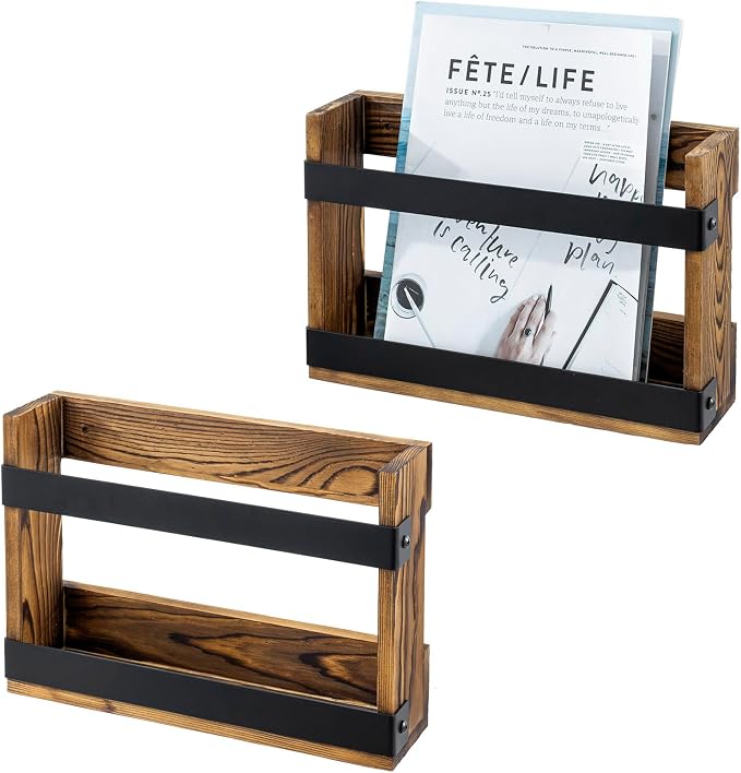 MyGift Set of 2 Rustic Burnt Wood and Matte Black Metal Wall-Mount Magazine by MyGiftHome