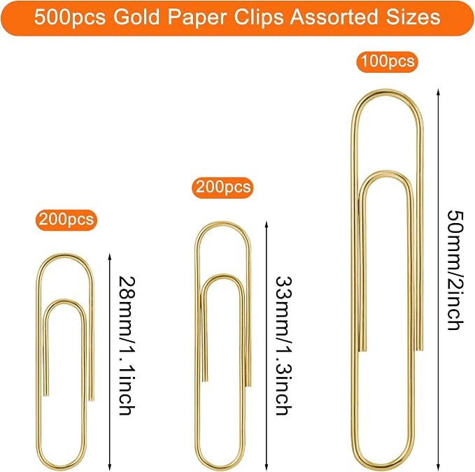 NEEWAY 500pcs Gold Paper Clips Assorted Sizes Small, Medium and Large Paperclips - Image 2